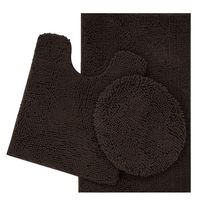 ITSOFT 3pc Non-Slip Shaggy Chenille Bathroom Mat Set, Includes U-Shaped Contour Toilet Mat, Bath Mat and Toilet Lid Cover, Machine Washable, Chocolate Brown