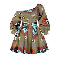 Rebecca Women's Sexy One Shoulder Oblique Neck Short Dresses African Floral Print Dress Yellow