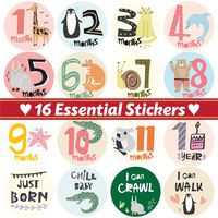 Baby Monthly Stickers, Set of 16 Baby Milestone Stickers, Animal, Woodland