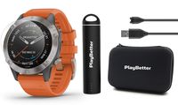 Garmin Fenix 6 Sapphire (Titanium with Orange Band) Power Bundle with HD Screen Protectors, PlayBetter Portable Charger & Protective Hard Case | PulseOx, ClimbPro, Maps, PacePro, Spotify, Music