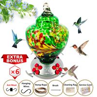 ShinyArt Hummingbird Feeder for Outdoors - Hand Blown Glass, 38 Ounces Nectar Capacity, Green Fireworks, Including Ant Moat, Metal Hook, Hemp Rope, Brush, Cleaning Rag and Service Card