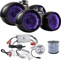 4 x Pyle 6.5" Marine 400W Multicolor LED Black Wakeboard Tower Speakers, Pyle Waterproof 1200 Watt Bluetooth 4-Channel Boat Yacht Amplifier System, Enrock Speaker Wire