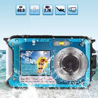 Underwater Camera for snorkeling, Waterproof 2.7K 48MP Digital Camera, HD Rechargeable Camera with Dual Screen for Camping, Underwater, Swiming, Best Selfie Photos Blue Shoot Camera