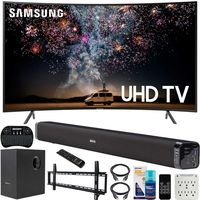 Samsung 55-inch RU7300 HDR 4K UHD Smart Curved LED TV (2019) Bundle with Deco Gear Soundbar with Subwoofer, Wall Mount Kit, Deco Gear Wireless Keyboard, Cleaning Kit and 6-Outlet Surge Adapter
