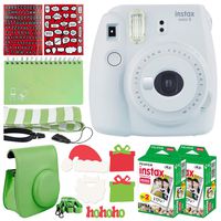 Fujifilm instax Mini 9 Instant Film Camera (Smokey White) + Fujifilm Instax Mini Twin Pack Instant (40 Shots) + Photo Props + Case (Lime Green) + Scrapbook Album + Striped Neck Strap - Holiday Bundle
