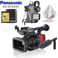 Panasonic AG-DVX200 4K Camcorder with Four Thirds Sensor and Integrated Zoom Lens + Condenser Mic + Headphones + Memory Card Kit + LED Light + Backpack + Tripod