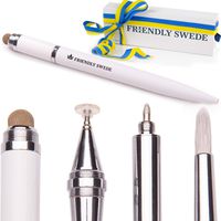 Capacitive 4-in-1 Stylus Pen with Replaceable Brush, Fiber Tip, Precision Disc + Ballpoint Pen in Gift Box, by The Friendly Swede (White)