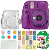 FUJIFILM INSTAX Mini 9 Instant Film Camera (Purple with Clear Accents) + Instax Film (20 Shots) + Glitter Clear Case + Scrapbooking Album + 6 Colored Lens Filters + 20 Sticker Frames Nature Package