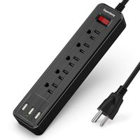 USB Surge Protector Power Strip Mountable Extension Cord Fire Proof Multiple Protection 5 Outlet 3 USB Port with Hook & Loop Fastener for iPhone iPad PC Home Office Travel Black SUPERDANNY