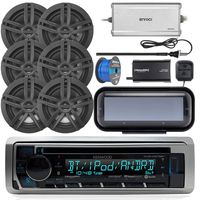 Kenwood KMRD375BT Marine CD Bluetooth Receiver, Single DIN Radio Cover, 4X Enrock Marine 2-Way 6.5" Speakers (Black), SiriusXM Tuner, Marine Radio Antenna - Black, 50 Foot 16-G Tinned Speaker Wire