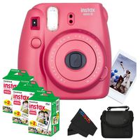 Fujifilm Instax Mini 8 Instant Film Camera (Raspberry) + (3) Fujifilm INSTAX Mini Instant Film (Twin Pack) + Soft Carry Case + PixiBytes Exclusive Cleaning Cloth