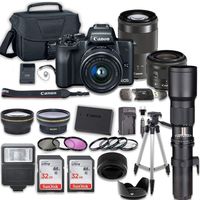 Canon EOS M50 Mirrorless Digital Camera with 15-45mm and 55-200mm Lenses + 500mm Preset Telephoto Lens + 2pc SanDisk 32GB Memory Cards + Accessory Kit