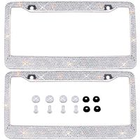 Bling Bling License Plate Frames 2 PACK - Pure Handmade Waterproof Glitter Rhinestones Crystal White License plate Frame for Cars with 2 Holes Bonus Matching Screws Caps Set