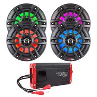 6.5" Hydro Marine Weatherproof Outdoor Boat RGB LED Multicolor Speakers - 2 Pairs (Black), 4-Channel Marine Full Range 800 Watts Amplifier