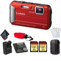 Panasonic Lumix DMC-TS30 Waterproof Digital Camera (Red) - Bundle with 2X 32 GB Memory Cards + Floating Wrist Strap + LCD Screen Protectors and More