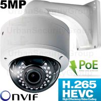 USG H.265 5MP 2592 x 1944 IP Dome Security Camera: 2.8-12mm Vari-Focal 5MP HD Lens, Power Over Ethernet, 30x IR LEDs, IP66 NEMA 4X Outdoor Rated, ONVIF 2.42, RCA Audio :: Apple Android Phone App