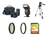 Canon EOS Rebel T6 Digital SLR Camera Kit with EF-S 18-55mm and EF 75-300mm Zoom Lenses (Black) with tripod, 16GB memory card, UV filter, Polarizer and Flash