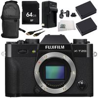 Fujifilm X-T20 Mirrorless Digital Camera (Body Only, Black) 8PC Accessory Bundle - Includes 64GB SD Memory Card + 2X Replacement Batteries + More