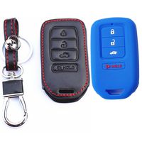 MJKEY 1x Genuine Leather 1x Blue Silicone Rubber Key Fob Protective 4 Buttons Smart Remote Key Fob Holder Key Case Cover For Honda Accord Civic CR-V CR-Z HR-V Pilot ACJ932HK1210A