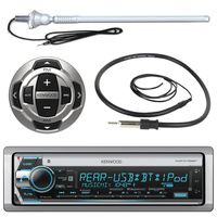 Kenwood MP3/USB/AUX Marine Boat Yacht Stereo Bluetooth Receiver CD Player Bundle Combo w/ RC35MR Wired Remote Control, Enrock Water Resistant 22" Radio Antenna, Outdoor Rubber Mast AM/FM 45" Antenna