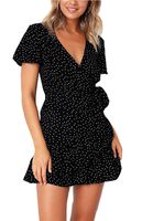 Relipop Summer Women Short Sleeve Print Dress V Neck Casual Short Dresses Black