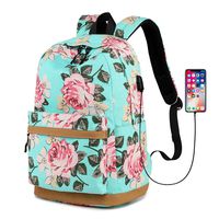 Delapuy Canvas Waterproof Backpack for College Girls Women USB Charging Port Fits 14" Laptop Backpack Daypack School Bookbag(Floral-Green)