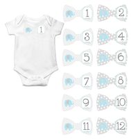 Gift Set of 12 Bowtie Keepsake Photography Monthly Baby Stickers with Blue Elephants on Gray BT018