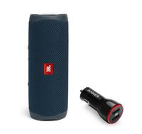 JBL Flip 5 Waterproof Portable Wireless Bluetooth Speaker Bundle with 2-Port USB Car Charger - Blue