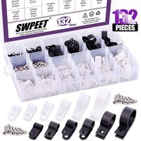 Swpeet 135 Pack 6 Sizes White+Black Nylon Plastic R-Type Cable Clips Clamp Assortment Kit, 3/16" 1/4" 3/8" 1/2" 3/4" 1" Nylon Screw Mounting Cord Fastener Clips with 135Pcs Screws for Wire Management
