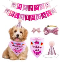 Dog Birthday Bandana Hat Banner Set Dog Boy Girl Cute Bow Tie Scarf Birthday Party Supplies Decorations(Pink, Dog Girl)