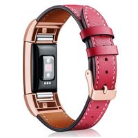 Hotodeal Replacement Leather Band Compatible for Charge 2, Classic Genuine Leather Wristband Metal Connector Watch Bands, Fitness Strap Women Men Small Large (Red- Rosegold Buckle)