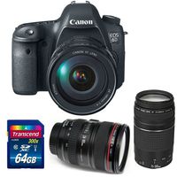 Canon 6D Full Frame DSLR Body + 24-105mm f/4 lIS USM Lens + 75-300 III Zoom Lens +64gb Memory card - International Version