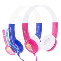 BuddyPhones Discover, Volume-Limiting Kids Headphones, Comfortable and Durable, Built-in Audio Sharing Cable, Compatible with Fire, iPad, iPhone, and Android Devices, Blue and Pink