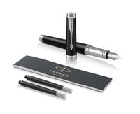 PARKER Premier Fountain Pen, Deep Black Lacquer with Chrome Trim, Fine Nib with Black Ink Refill