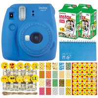 Fujifilm Instax Mini 9 Instant Camera (Cobalt Blue) + Fujifilm Instax Mini Twin Pack Instant Film (40 Shots) + Scrapbooking Album + 20 Sticker Frames Emoji Package + Emoji Photo Peg Pins + Stickers