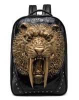 3D Print Animal Studded Backpack, PU Leather Cool Backpack Bookbag (Sabertooth-Gold)