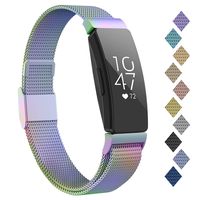 POY Compatible with Fitbit Inspire Hr Bands, Stainless Steel Replacement for Fitbit Inspire and Ace 2 Metal Loop Bracelet Sweatproof Wristbands for Women Men Rainbow Large