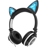 Kids Headphones, LOBKIN Over Ear Foldable Wired Headphone for Children with Glowing Light,Cat Ear Headphones for Girls Boy Baby Cosplay Fans(Black)