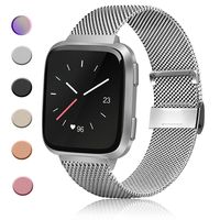 AK Compatible with for Fitbit Versa/Versa Lite/Versa SE Replacement Bands, Stainless Steel Mesh Sport Metal Wristband Loop Accessories for Women Men(Without Tracker) (Large, 02 Silver)