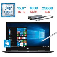 Dell 15.6-Inch 2-in-1 4K Ultra HD (3840 x 2160) Touch Laptop, Intel i7-8550U Processor, 16GB DDR4, 256GB SSD, NVIDIA GeForce MX130, Backlit Keyboard, Stylus Pen, Bluetooth, Windows 10 w/Type-C Hub