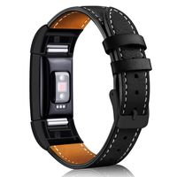 Hotodeal Replacement Leather Band Compatible for Charge 2, Classic Genuine Leather Wristband Metal Connector Watch Bands, Fitness Strap Women Men Small Large (Black- Black Buckle)