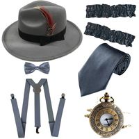 Men's Roaring 1920s Set Manhattan Fedora Hat,Y-Back Suspenders & Pre Tied Bow Tie, Gangster Tie & Fake Mustache (OneSize, Z-Grey)