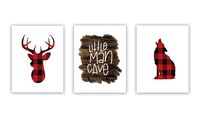 Set of 3 Woodland Animal Nursery Cardstock Prints - 8.5 x11" Little Man Cave, Buffalo Plaid Deer Silhouette, Buffalo Plaid Wolf Silhouette