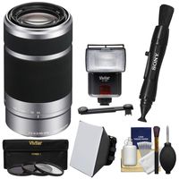 Sony Alpha E-Mount 55-210mm f/4.5-6.3 Zoom Lens (Silver) + Flash + Soft Box + Diffuser + 3 Filters Kit for A5100, A6000, A6300, A6500 Cameras