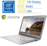 2017 HP 14'' Premium Chromebook HD SVA (1366 x 768) WLED Display, Intel Dual Core Celeron Processor, 4GB DDR3L SDRAM, 16GB eMMc, Stereo speakers, WIFI, Bluetooth, HDMI, HD Webcam, Chrome OS