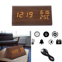 OFLILAK Wooden Digital Alarm Clock,LED Desk Clock 3 Levels Adjustable Brightness and Voice Control, Display Time Temperature Humidity with 3 Alarm Groups for Bedroom Office Home(Brown)