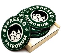 Espresso Patronum Coasters- Set of 5-3.75 x 3.75 Inch 4mm Thick - Cork Bottom - Wood Coaster Set Holder Included - Makes Perfect Gift
