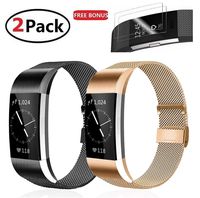 (2 Pack) Replacement Bands Compatible with Fitbit Charge 2, F.R Stainless Steel Metal Bracelet Strap with Unique Lock Compatible with Fitbit Charge 2 Fitness Tracker, 2X Screen Protector As Gift