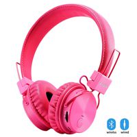 Kids Headphones Bluetooth, Foldable Wireless/Wired Stereo HD On-Ear Headset with 3.5mm Jack SD Card FM Radio Microphone Volume Control Over Ear Children Headphones for Girls Boys School iPhone, Pink