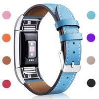 Hotodeal Replacement Leather Band Compatible for Charge 2, Classic Genuine Leather Wristband Metal Connector Watch Bands, Fitness Strap Women Men Small Large (Blue- Silver Buckle)